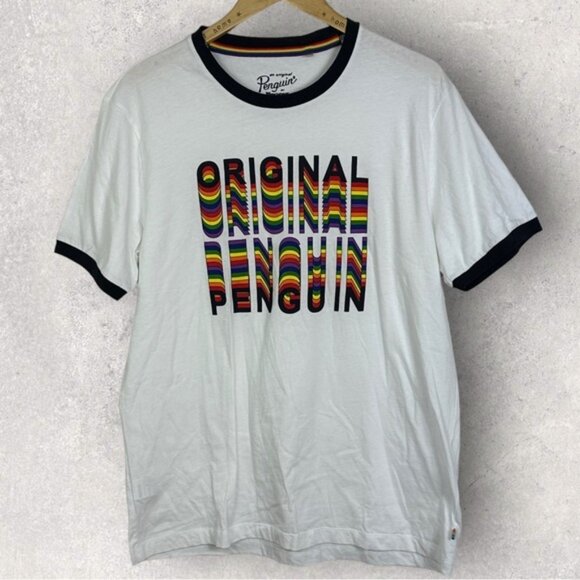 NEW Original Penguin Pride Rainbow Logo TShirt Bright White Tee Size Large‎ L - Picture 3 of 9